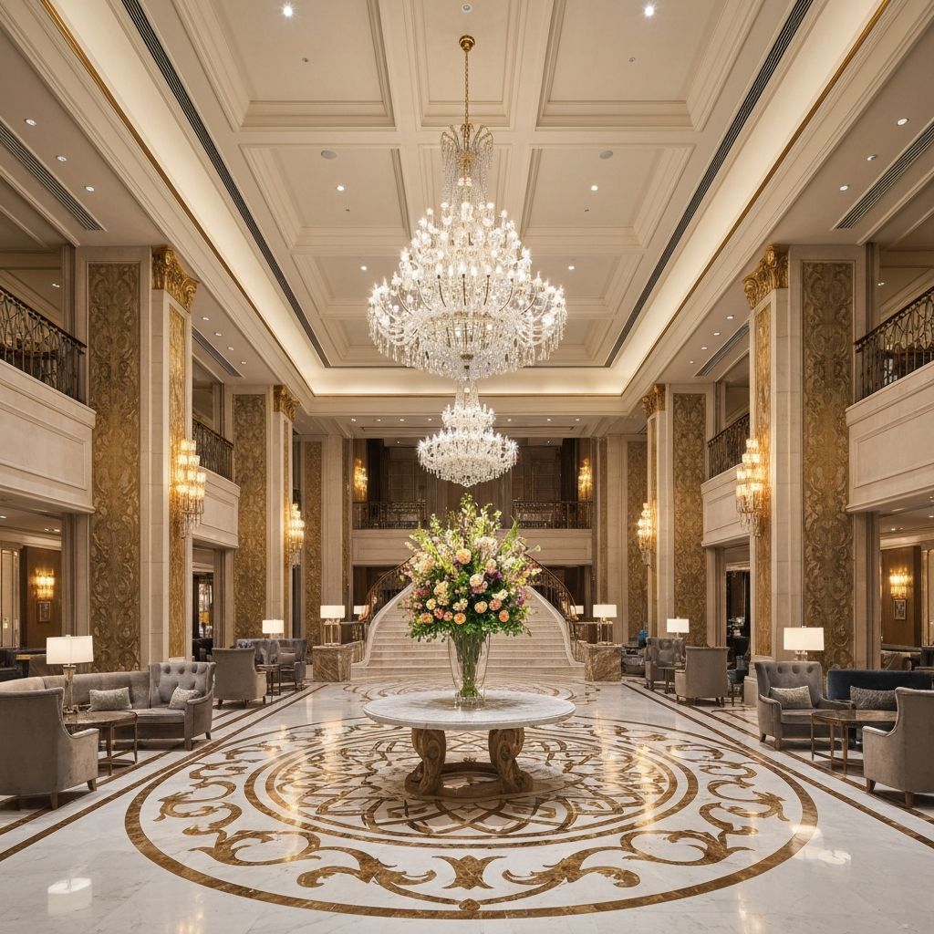 First-person POV footage walking into a luxury 5-star hotel lobby